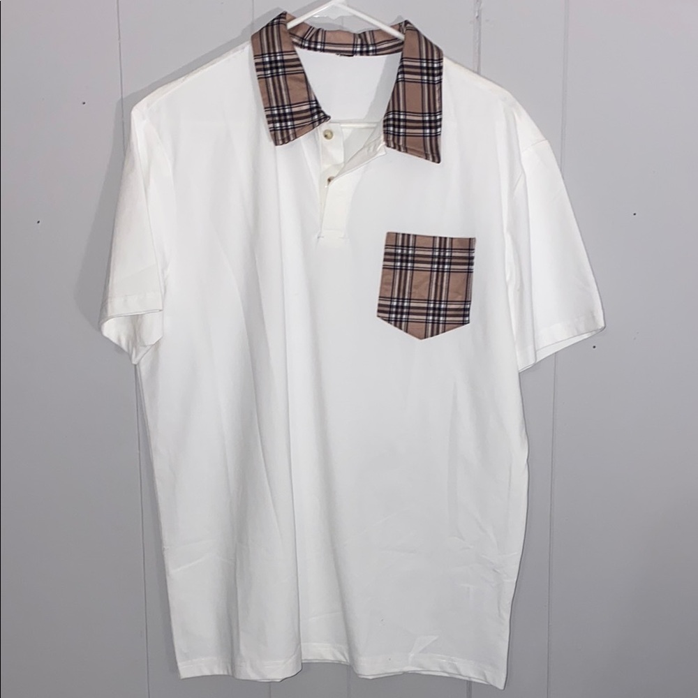 White Polo Shirt with Plaid Collar and Pocket
